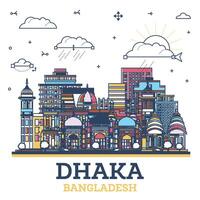 Gliederung Dhaka Bangladesch Stadt Horizont mit farbig modern und historisch Gebäude isoliert auf Weiß. Dhaka Stadtbild mit Sehenswürdigkeiten. vektor