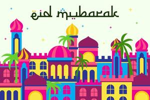 eid mubarak med arab stad bakgrund. vektor illustration