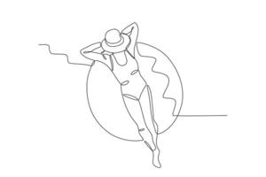 ein Frau ist Sonnenbaden auf ein Flotation Gerät vektor