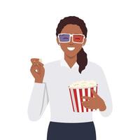 ung skön kvinna Sammanträde i de hörsal och tittar på en 3d film. en flicka i 3d glasögon sitter i en röd fåtölj och innehar en behållare med popcorn vektor