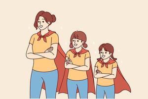 Mama und Töchter im Superheld Umhänge lächeln, Gefühl Einheit und Mut, Stand mit ihr Waffen gekreuzt vektor