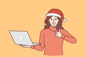 jul kvinna med bärbar dator visar tummen upp rekommenderar uppkopplad handla under ny år högtider vektor