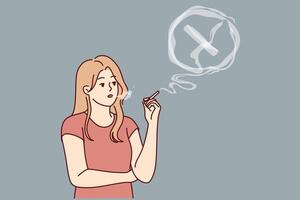 Frau raucht Zigaretten, loslassen Rauch in Lunge und Risiken bekommen Krebs fällig zu Schlecht Gewohnheit vektor