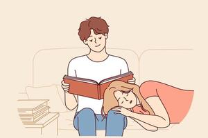 kvinna sover på pojkvän knä, läsning bok Sammanträde på soffa och känsla säker tack till relation vektor