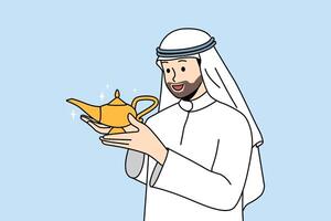 arabisch Mann mit Aladdin Lampe im Hände macht Wunsch, wollen zu Anruf Geist oder Magier zu Hilfe vektor