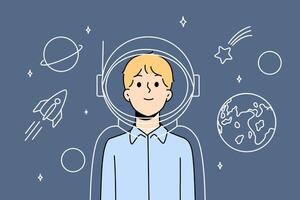 Junge Astronaut im imaginär passen und Raumanzug zum Raum Flüge steht unter Sterne und Planeten vektor