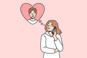 Frau macht Telefon Anruf zu Freund, wollen zu Flirt oder einladen ihm zu romantisch Wochenende Abendessen vektor