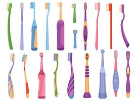 Karikatur elektrisch und Handbuch Dental Hygiene Werkzeuge Zahnbürsten. Produkte zum Oral Pflege und Zähne Gesundheit. Mund Reinigung Zahnbürste Vektor einstellen