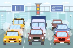 trafik sylt. bilar på stad väg med rök, smog och uttömma gas. fordon, taxi, lastbil och buss på urban motorväg. luft förorening vektor begrepp