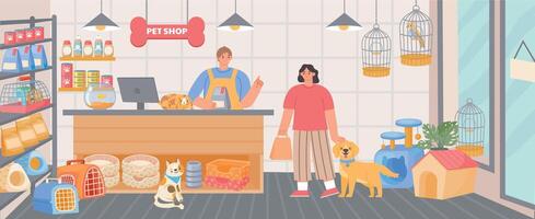 sällskapsdjur affär inuti interiör med kassör och kund med hund. djur- mat, tillbehör och leksaker i Lagra. tecknad serie Zoo mataffär vektor scen