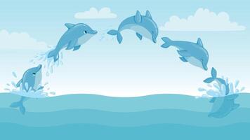 delfin hoppa ut av vatten. tecknad serie marin landskap med Hoppar delfiner och stänk. söt hav delfin karaktär vektor animering ramar