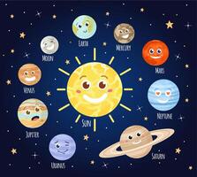 Karikatur Planeten mit Gesichter. Solar- System Planet Charakter Emoji, Erde, Mond, Sonne und Mars im äußere Raum. Astronomie zum Kinder Vektor einstellen