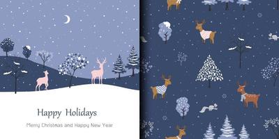 Frohe Weihnachten und guten Rutsch ins neue Jahr Grußkarte mit nahtlosem Muster, Tiere Tierwelt auf Winternacht Thema vektor