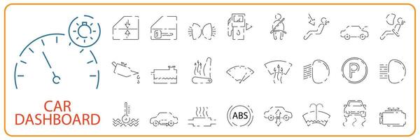 Auto Instrumententafel Zeichen Linie Symbol Satz. Vektor Airbag, Erwärmen, Motor, Warnung Zeichen. Gliederung Stil Symbol Design isoliert auf ein Weiß Hintergrund.