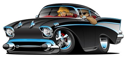 Classic hot rod femtiotals muskelbil med coolt par vektor illustration