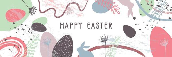 das Inschrift glücklich Ostern auf ein abstrakt Hintergrund. Ostern Banner mit Hasen, Urlaub Eier und Blumen. vektor