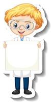 seriefiguren klistermärke med en pojke i vetenskapsklänning som håller tom banner vektor