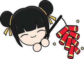 kinesisk ny år, söt maskot unge med svart hår innehav smällare, fyrverkeri, och tecknad serie illustration. vektor