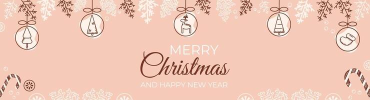 Weihnachten und Neu Jahr Banner mit Weihnachten Bälle, Geschenke und Herzliche Glückwünsche im Pastell- und nackt Farben. Vektor eben Illustration.