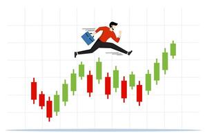 investering handel begrepp, framgångsrik näringsidkare gör vinst förbi utvecklande stock marknadsföra, självsäker investerare med pengar väska löpning på ljusstake Diagram, investering handel. vektor illustration.