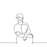 Stehen Mann umarmen Sitzung Freund von hinter - - einer Linie Zeichnung Vektor. Konzept männlich Freundschaft, Haut, Familie vektor