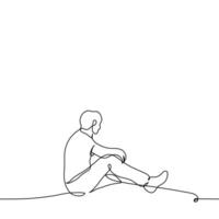 man sitter på en hög tak på de mycket kant, hans ben hänger ner och han är avslappnad - ett linje teckning vektor. begrepp kärlek höjd, Kolla på panorama, hög höjd eller byggare, parkour vektor