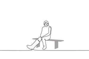 man med en kasta på hans rätt ben tyvärr sitter ensam på en bänk - ett linje teckning vektor. begrepp ett skadade idrottare sitter på tomgång, en man med en bruten ben på som en plåster vektor
