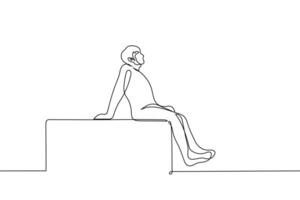 man sitter hög avslappnad med ben hängande ner - ett linje teckning vektor. begrepp sitta på de tak, hoppa skola eller arbete, förhala, dagdröm, undandra sig, vara lat vektor