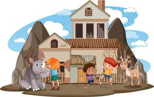 Kinder spielen mit Tieren im verlassenen Haus vektor