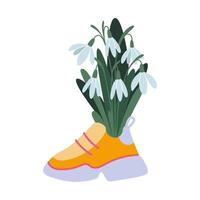 Strauß von Schneeglöckchen im ein Sneaker, zuerst Frühling Blumen, Karikatur Stil. modisch modern Vektor Illustration isoliert auf Weiß Hintergrund, Hand gezeichnet, eben