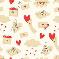 sömlös mönster med en kalender, gåva lådor och moln för hjärtans dag vektor