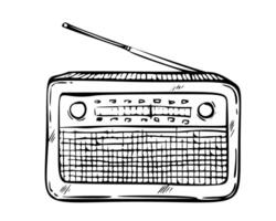 radio vektor illustration. hand dragen linjär teckning av fm tuner målad förbi svart bläck. skiss av gammal retro media Utrustning i översikt stil. gravyr av ljud mottagare. svartvit etsa