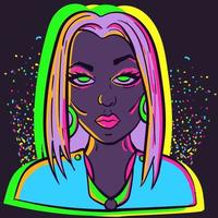 neonillustration einer frau mit glitzern und großen ohrringen mit verwirrtem ausdruck und hochgezogener augenbraue. junge Frau Avatar eines Maskottchens unter ultraviolettem Licht. vektor