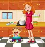 Kleinkind und Mutter in der Küche vektor