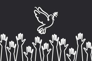 horizontal Poster Frieden zu Ukraine mit ein Weiß Gliederung von das Taube von Frieden auf ein schwarz Hintergrund. Hände von das ukrainisch Menschen im das Kampf zum Frieden. Vektor. vektor