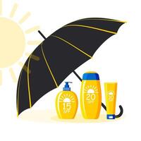 Gelb Röhren und Flaschen mit ein Blau Deckel von Sonnenschutz spf 15, 20 und 30 sind unter ein schwarz Sonne Regenschirm im ein heiß sonnig Sommer. Kosmetika mit uv Schutz. Vektor. vektor