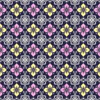 geometrisk gul och rosa blommig pixel konst sömlös mönster på Marin blå bakgrund. vektor design för bakgrund och tapet