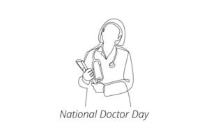 einer kontinuierlich Linie Zeichnung von National Ärzte Tag Konzept. Gekritzel Vektor Illustration im einfach linear Stil.