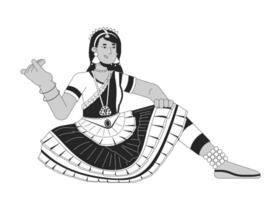 Frau Tänzer bharatanatyam auf Deepavali schwarz und Weiß Karikatur eben Illustration. Diwali Tänzer weiblich indisch 2d lineart Charakter isoliert. Anbetung von Lakshmi einfarbig Szene Vektor Gliederung Bild