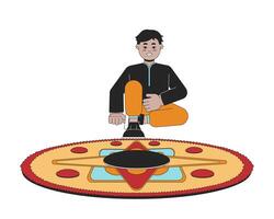 ung indisk pojke skapande rangoli 2d linjär tecknad serie karaktär. söder asiatisk barn isolerat linje vektor person vit bakgrund. hindu festival av lampor Deepawali Färg platt fläck illustration