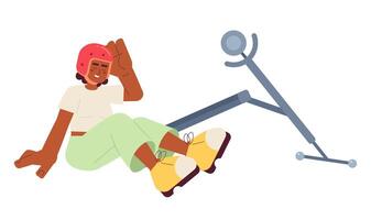 faller av skoter skrattande kvinna tecknad serie platt illustration. optimistisk glad afrikansk amerikan flicka cykel hjälm 2d karaktär isolerat på vit bakgrund. Lycklig olycka scen vektor Färg bild