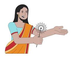 sari skön kvinna innehav sparkler 2d linjär tecknad serie karaktär. söder asiatisk kvinna isolerat linje vektor person vit bakgrund. hindu festival av lampor Deepawali Färg platt fläck illustration