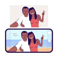 Selfie-flache Vektor-Illustration. verliebtes Paar, das sich selbst am Strand fotografiert. romantischer Mann, Frauenporträt. Smartphone-App für die Bildbearbeitung von Zeichentrickfiguren mit Umrisselementen auf weißem Hintergrund vektor