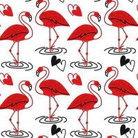 Muster von rot Kritzeleien mit zwei Flamingos ist Wohnung. süß rot Flamingo Gekritzel mit ein schwarz Herz. nahtlos Vektor Muster zum Valentinstag Tag. wiederholen nahtlos Muster mit bunt Tiere und Vögel