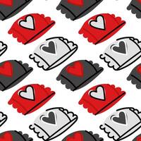Süßigkeiten Muster im ein Paket zum Liebhaber mit Herzen. süß Liebe Symbol Elemente mit nahtlos Muster auf Weiß Valentinstag Tag Hintergrund. schwarz rot Farbe Gekritzel Bilder von Süßigkeiten Wrapper vektor