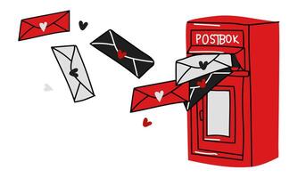 ein rot Briefkasten mit ein eben Brief im das Stil von Kritzeleien. Umschläge von ein geliebt einer fliegen in das Briefkasten. ein isoliert Briefkasten mit Umschläge und Herzen. Vektor Illustration. Liebhaber Korrespondenz