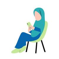 Hijab Frau spielen Smartphone auf Stuhl vektor