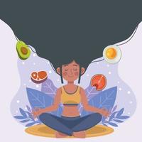 Frauenmeditation und gesunder Hintergrund essen
