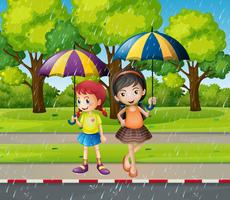 Zwei Mädchen mit Regenschirm im Regen vektor