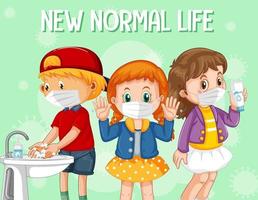 nytt normalt liv med barn som bär ansiktsmasker vektor